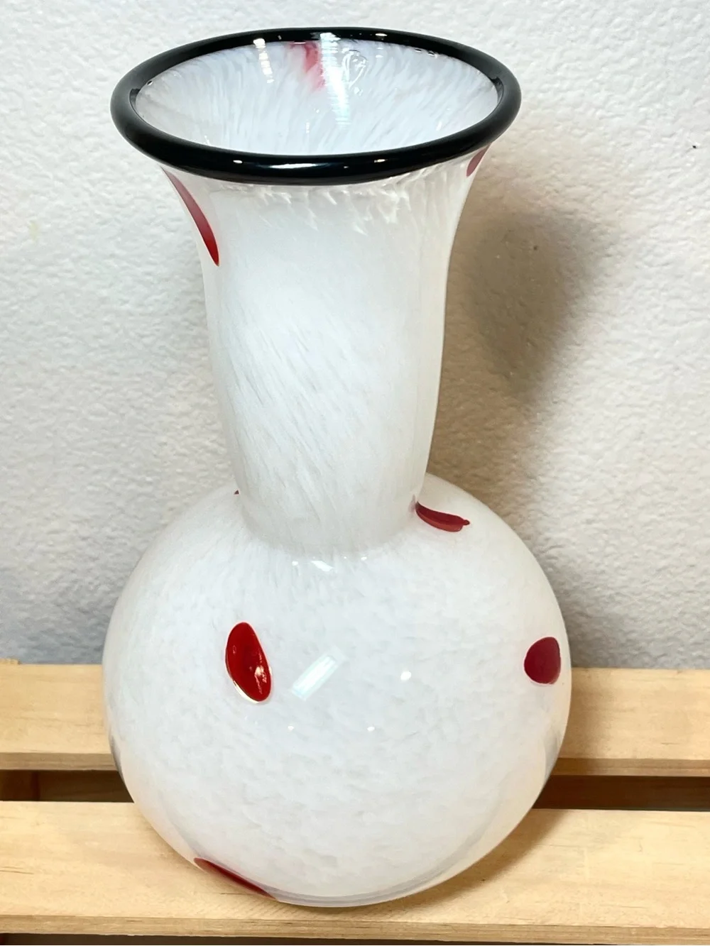 Mottled White w Red Abstract Polka Dots Black Top Rim Glass Art Vase | EUC